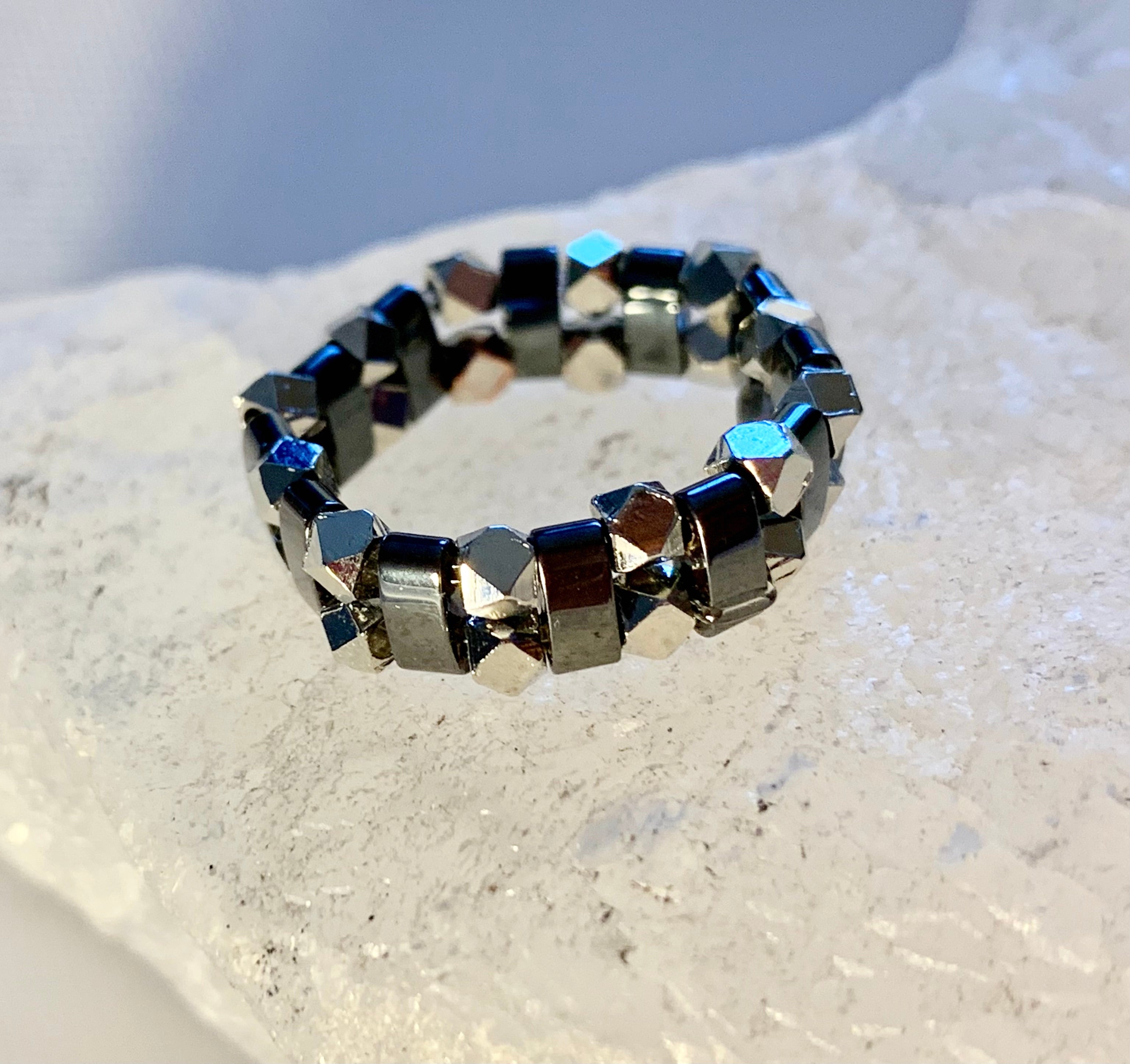 Spiky Handmade Black and Silver Hematite Expandable Ring Size 6-7