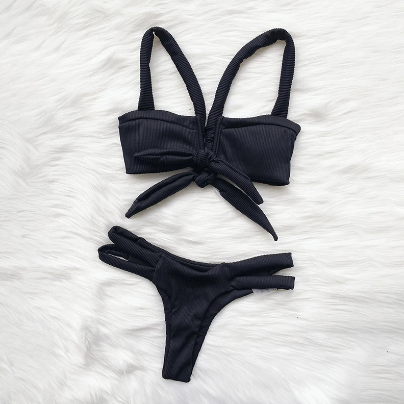 Irena Black Ribbed Cut-Out Bikini Set