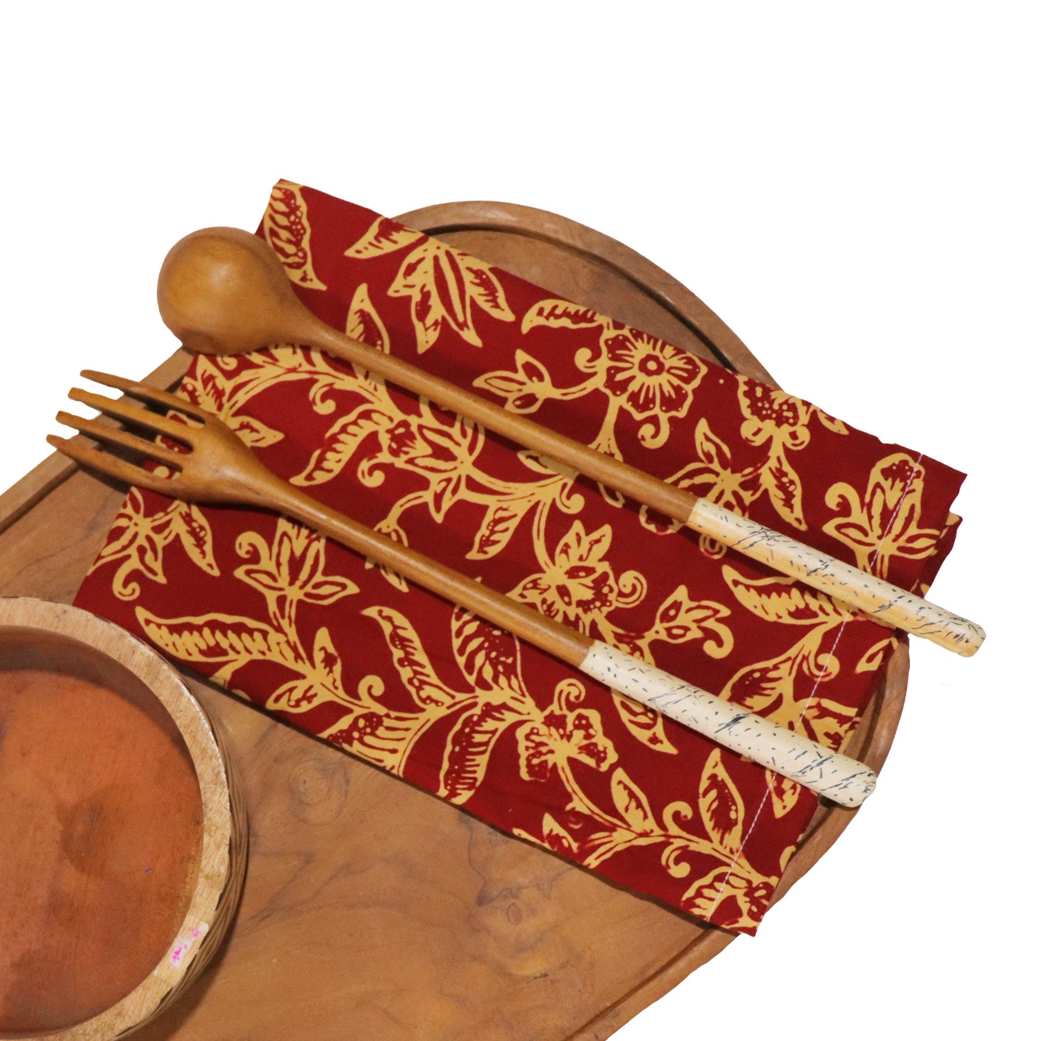 Batik Cloth Napkin Set of Two, Cherish, Hand Dyed, 100% Cotton, Red, Yellow