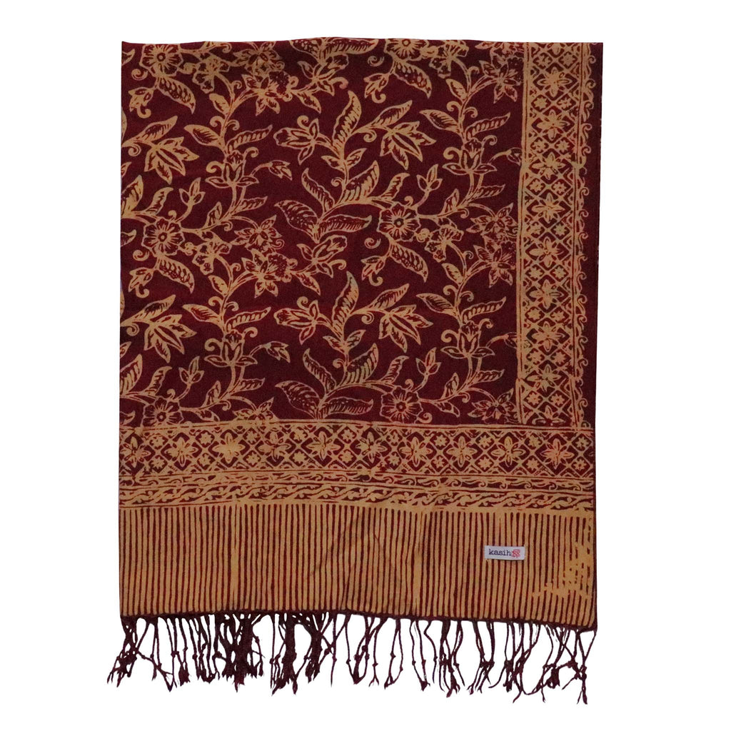 Handmade Batik Scarf, Soft Cotton, Red Burgundy Auburn Cherish