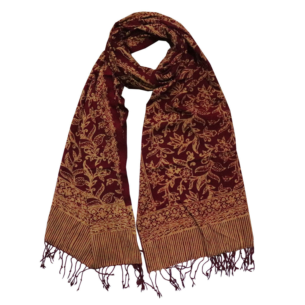Handmade Batik Scarf, Soft Cotton, Red Burgundy Auburn Cherish
