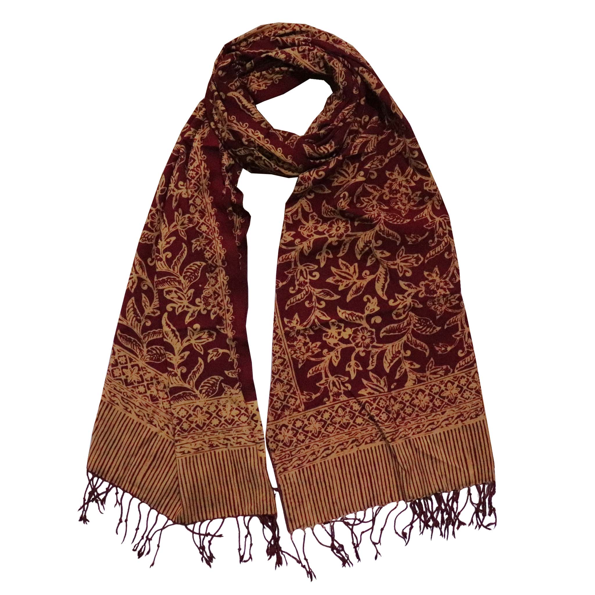 Handmade Batik Scarf, Soft Cotton, Red Burgundy Auburn Cherish