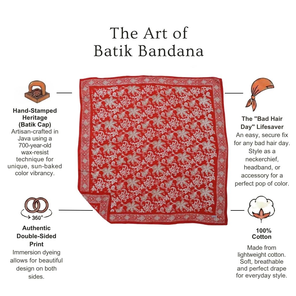 Large 39" Hand Dyed Batik Bandana, 100% Soft Cotton, Fiery Flora