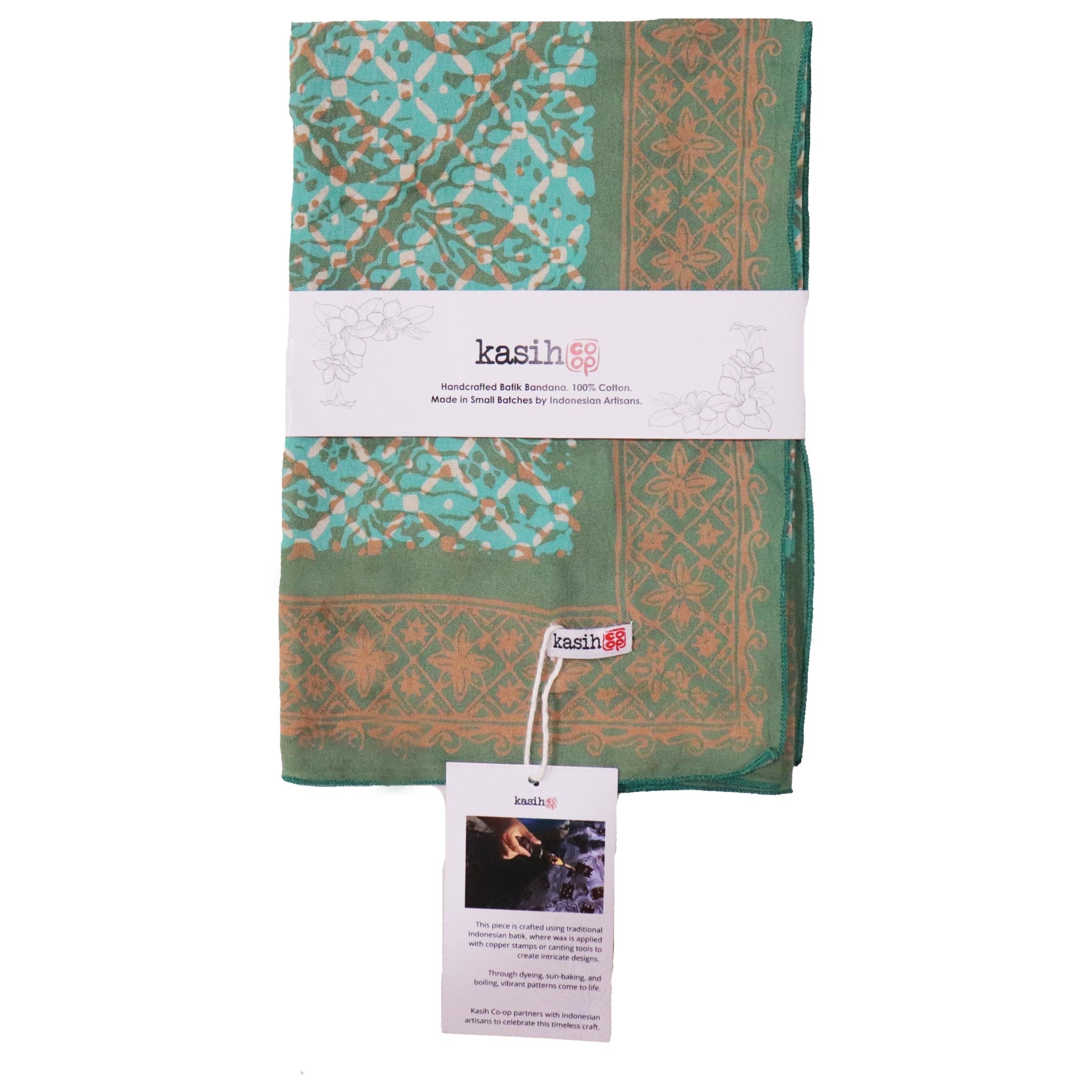 Large 39" Hand Dyed Batik Bandana, 100% Soft Cotton, Leaf Grid