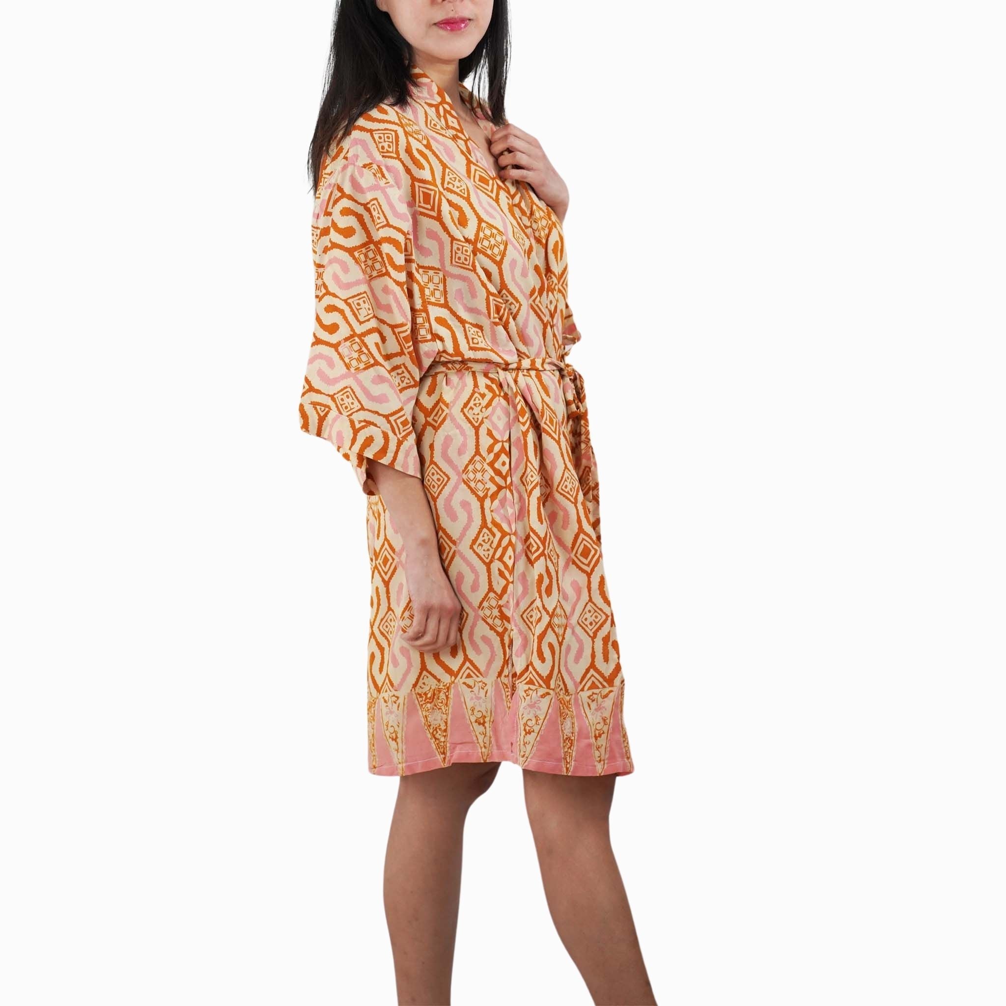 Hand Dyed Batik Robe Kimono, 100% Cotton Soft, Orange Pink Sunset Mosaic, Clementine