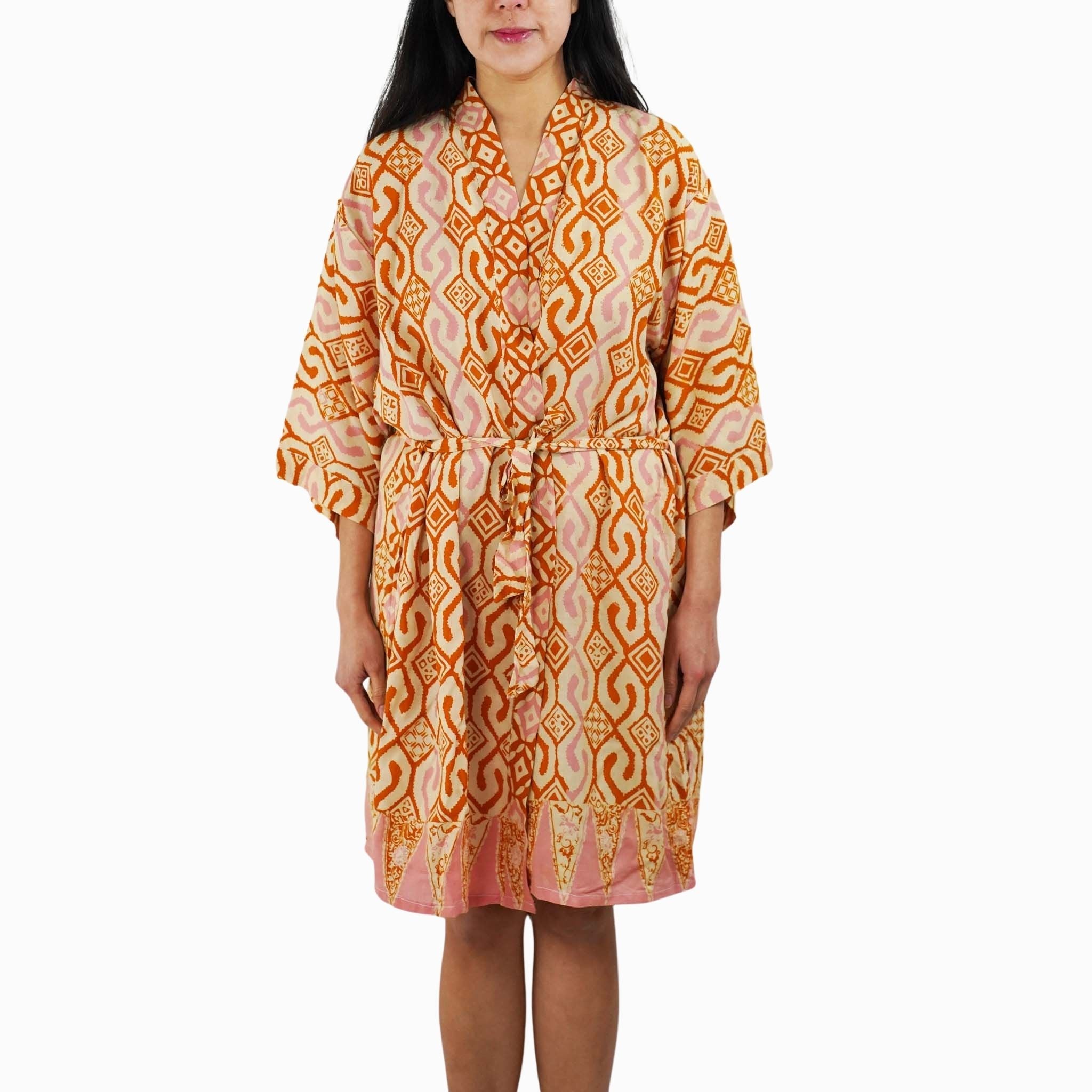 Hand Dyed Batik Robe Kimono, 100% Cotton Soft, Orange Pink Sunset Mosaic, Clementine