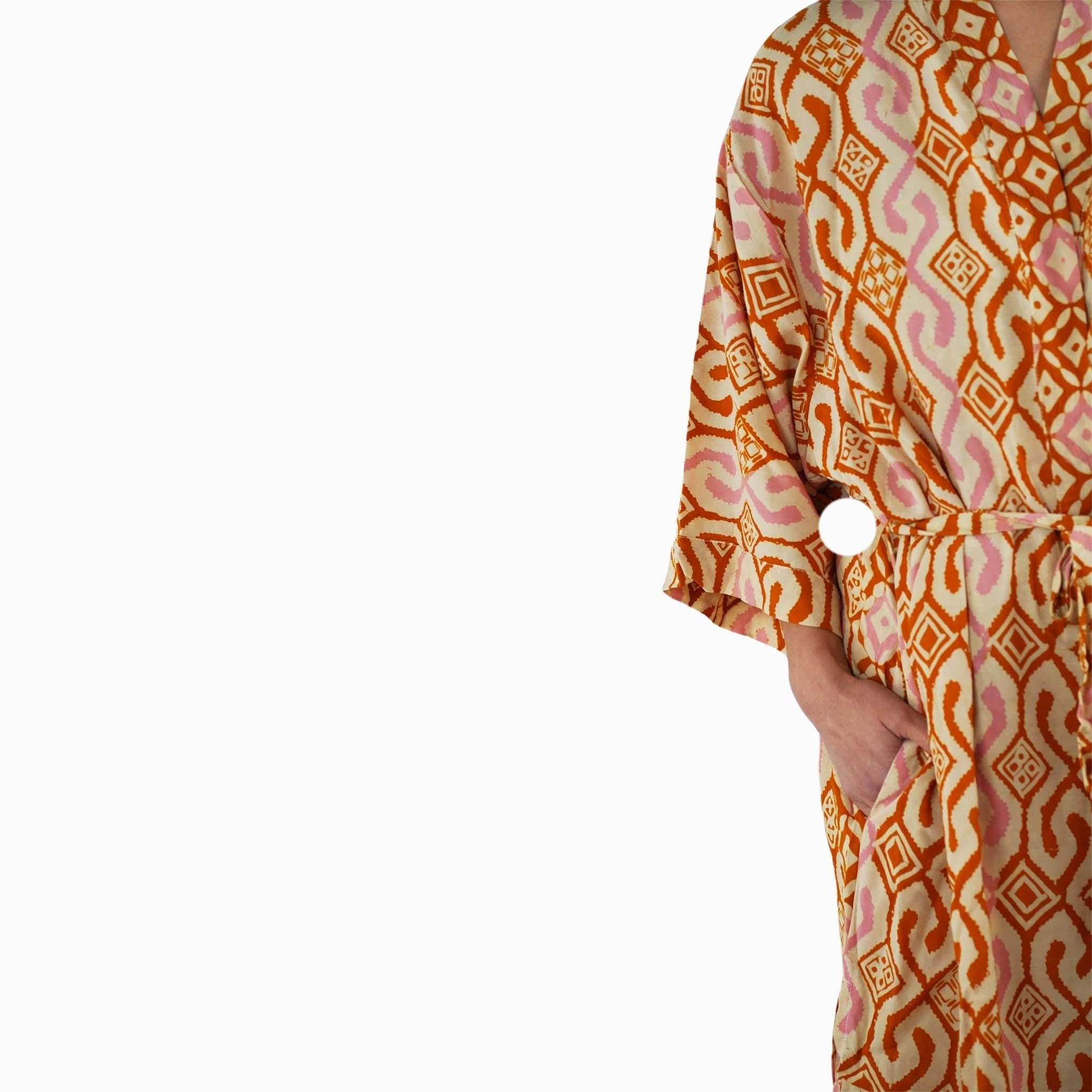 Hand Dyed Batik Robe Kimono, 100% Cotton Soft, Orange Pink Sunset Mosaic, Clementine