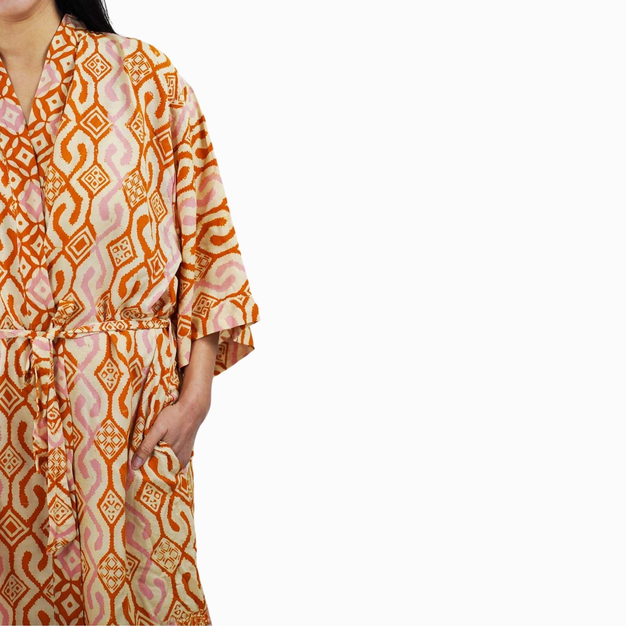 Hand Dyed Batik Robe Kimono, 100% Cotton Soft, Orange Pink Sunset Mosaic, Clementine