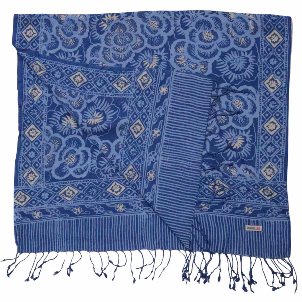 Hand Dyed Batik Scarf - Soft Cotton, Blue Roses, White, Floral, Flower