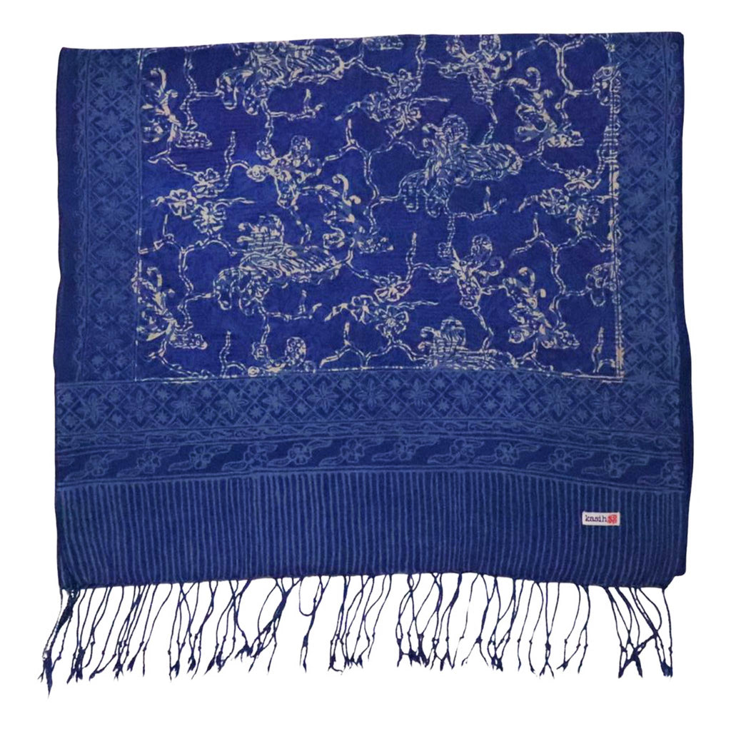 Handmade Batik Scarf, Blue White, Cotton Fabric, Butterfly