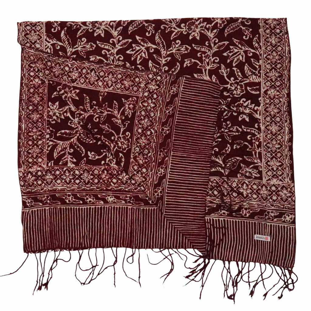 Handmade Batik Scarf, soft Cotton, Red White Cherish, Burgundy