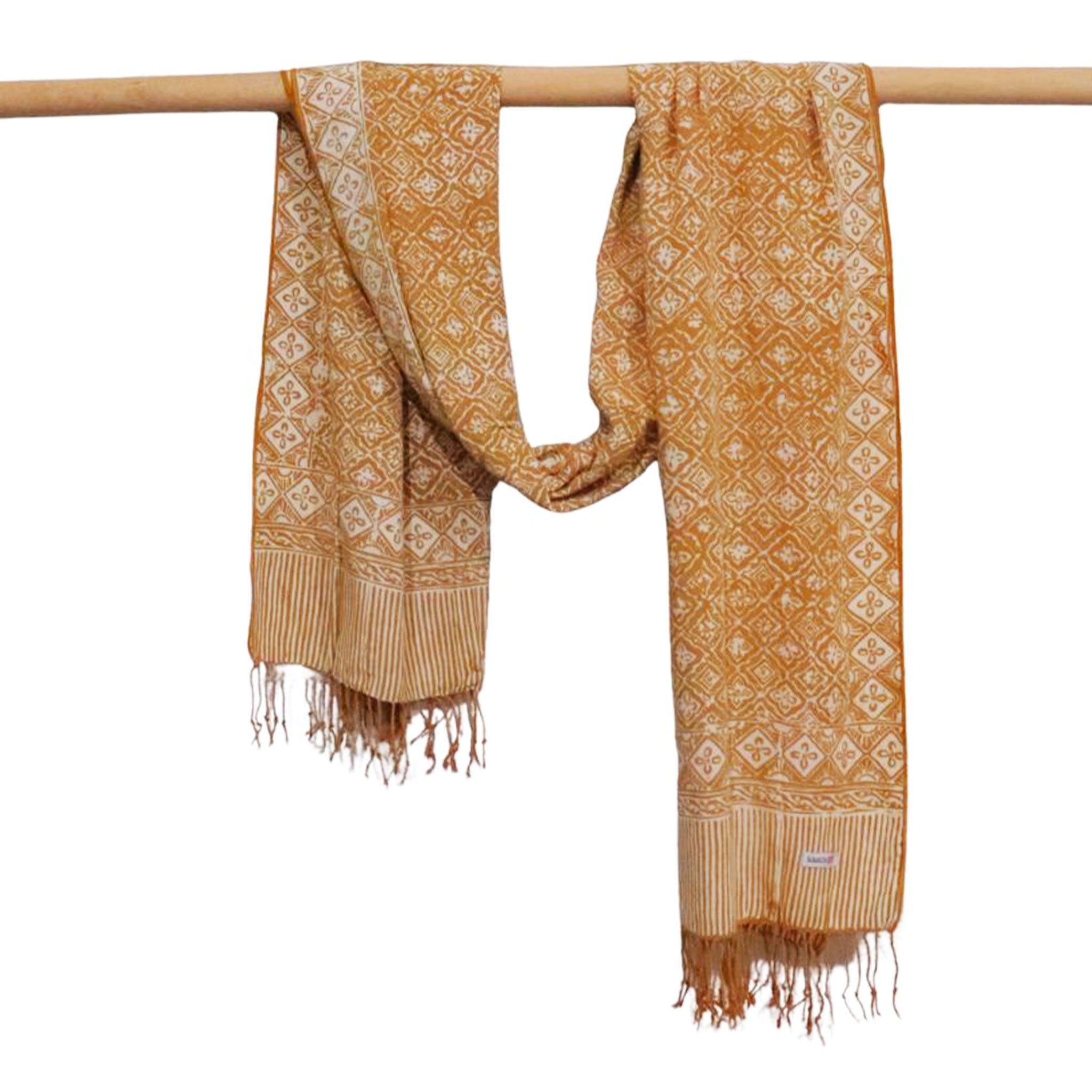 Handmade Batik Scarf, Soft Cotton, Frangipani, Kamboja, Yellow, Brown, Cream, Fall, Autumn