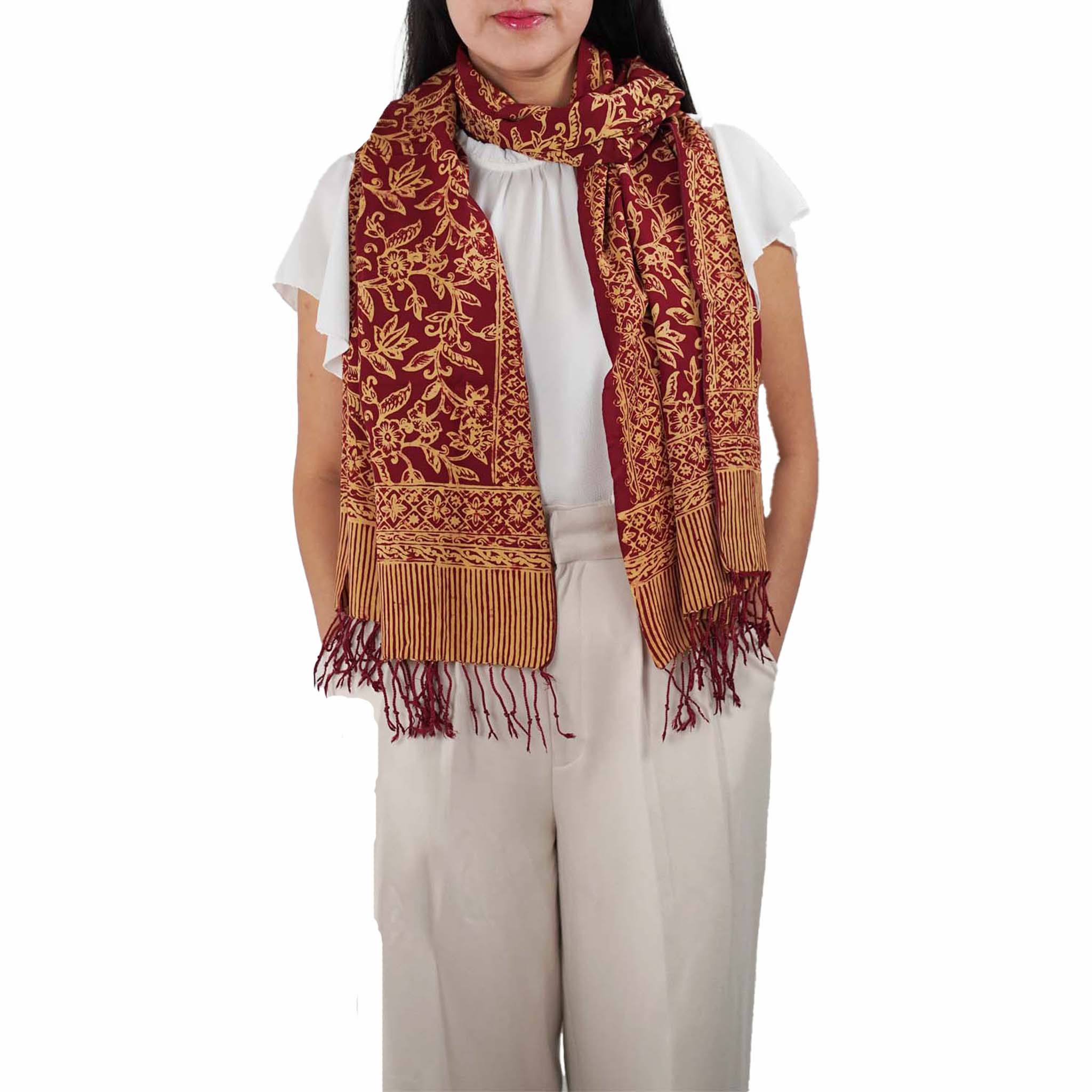Handmade Batik Scarf, Soft Cotton, Red Burgundy Auburn Cherish