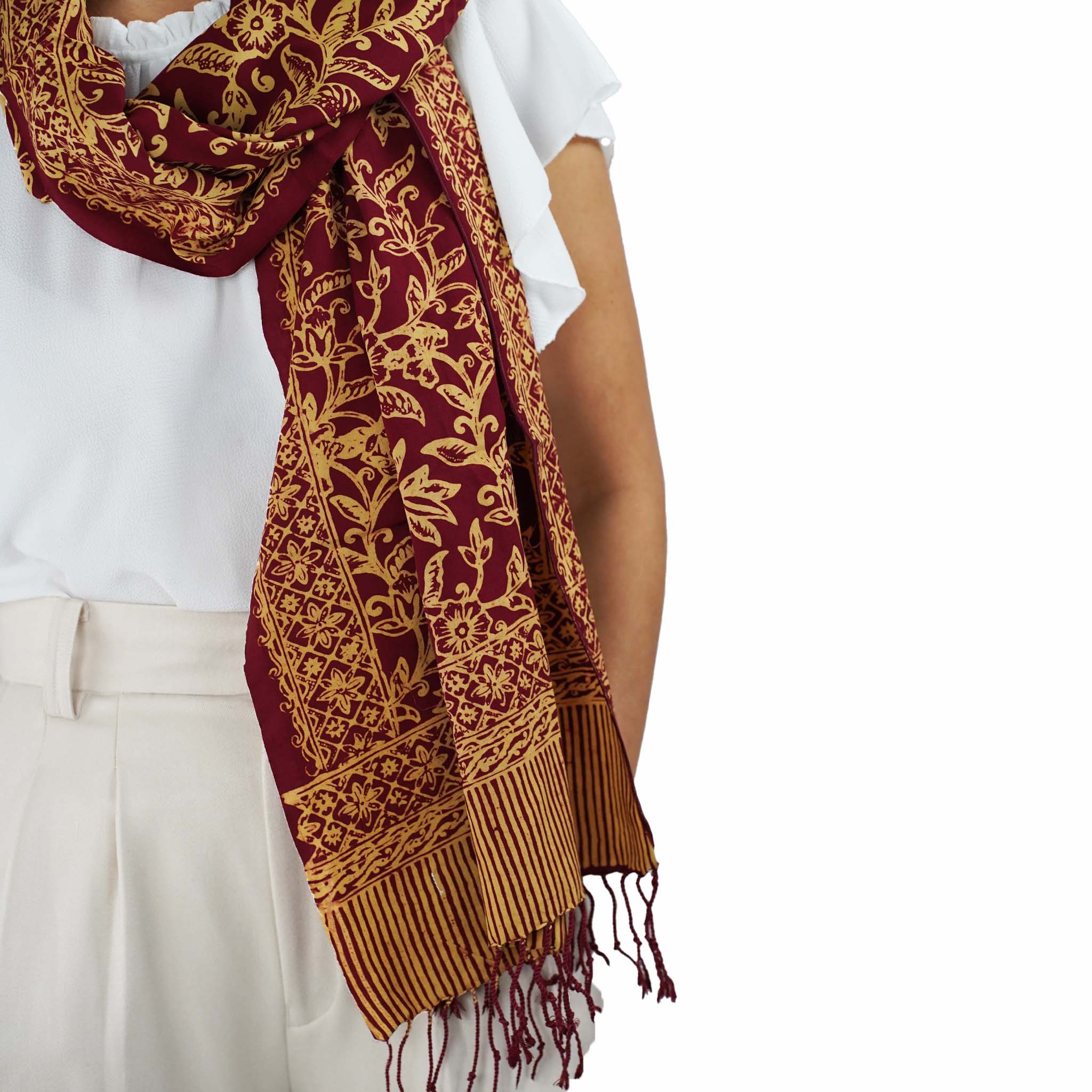 Handmade Batik Scarf, Soft Cotton, Red Burgundy Auburn Cherish