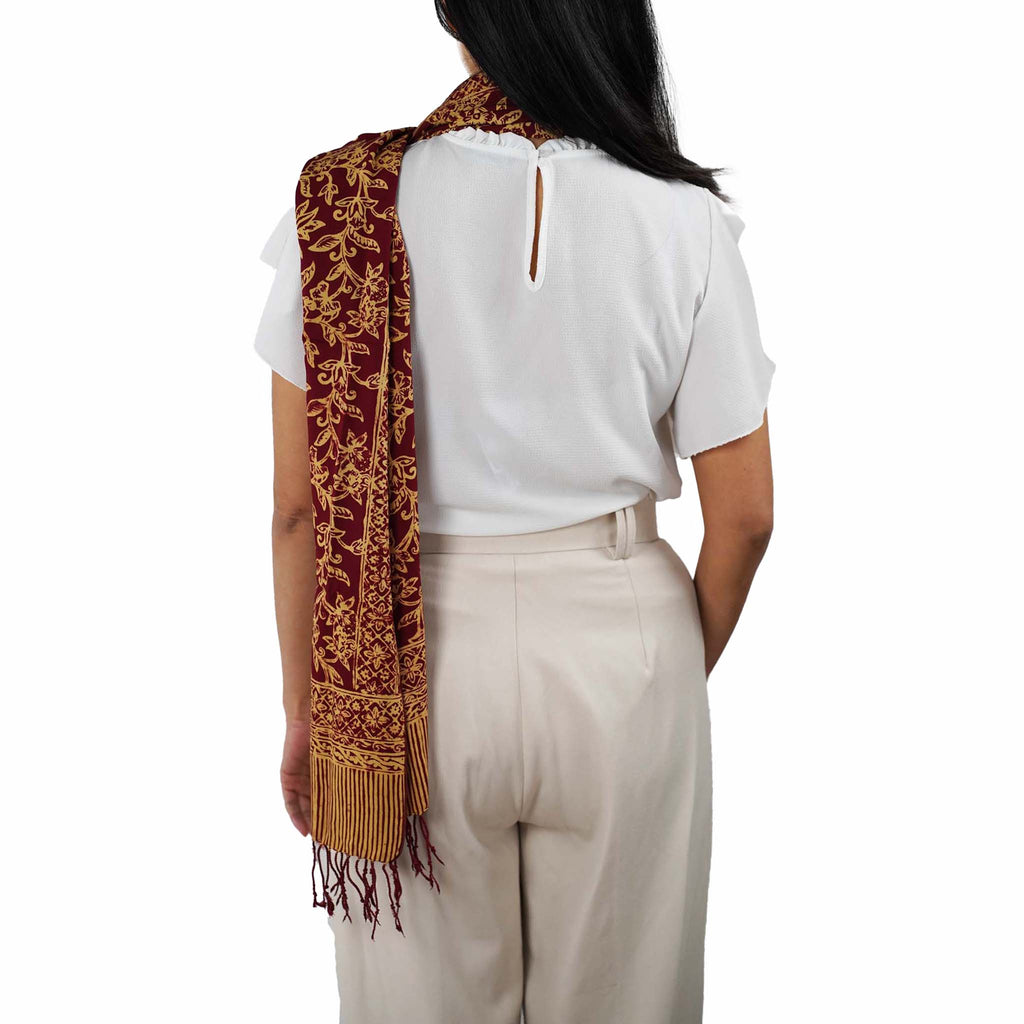 Handmade Batik Scarf, Soft Cotton, Red Burgundy Auburn Cherish