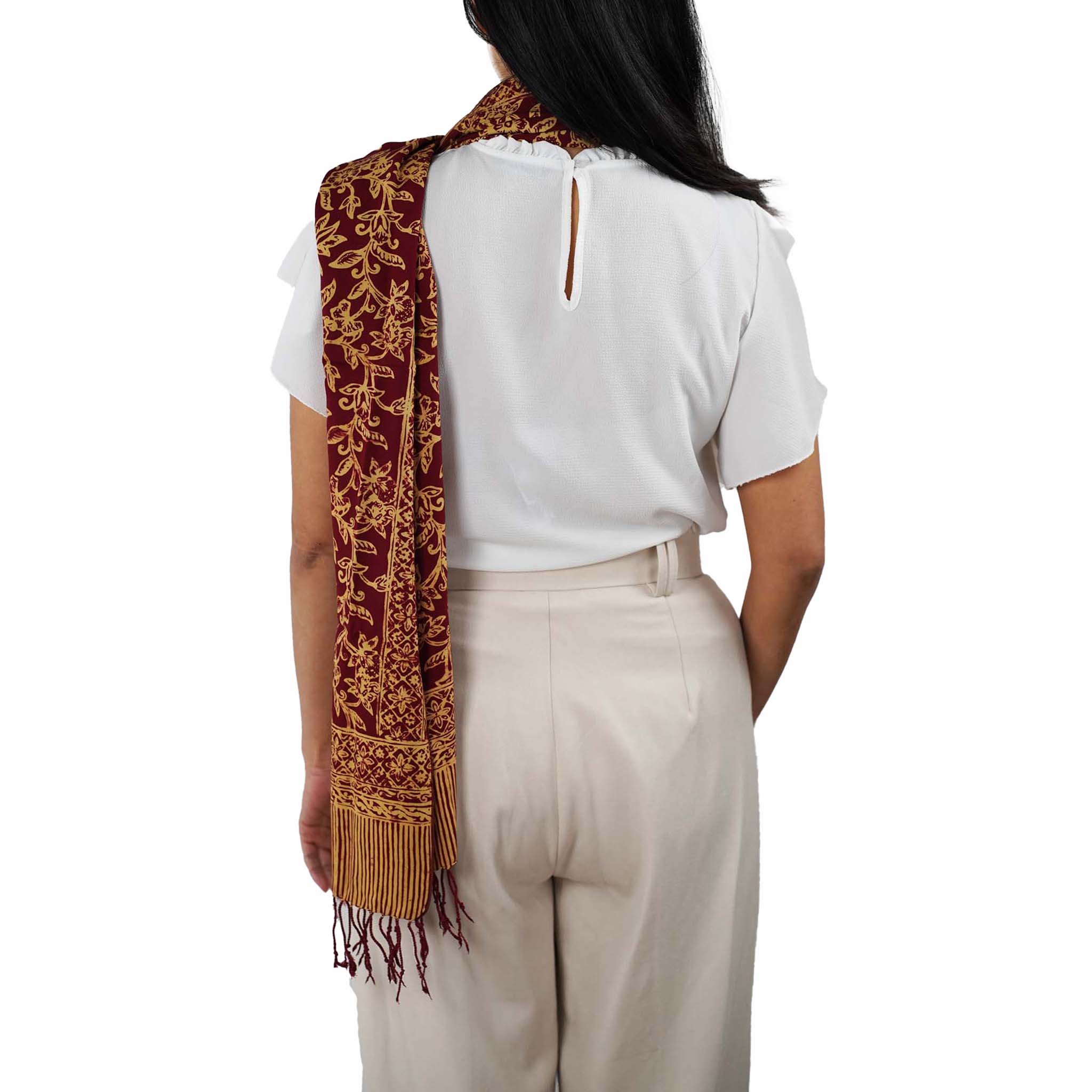 Handmade Batik Scarf, Soft Cotton, Red Burgundy Auburn Cherish