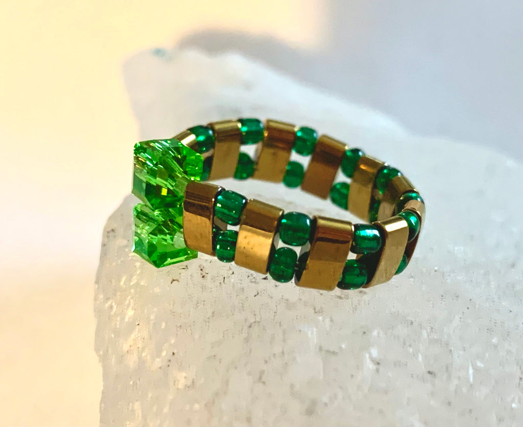Kryppto Handmade Gold Plated Hematite, Austrian Crystal, and Seed Bead Expandable Ring