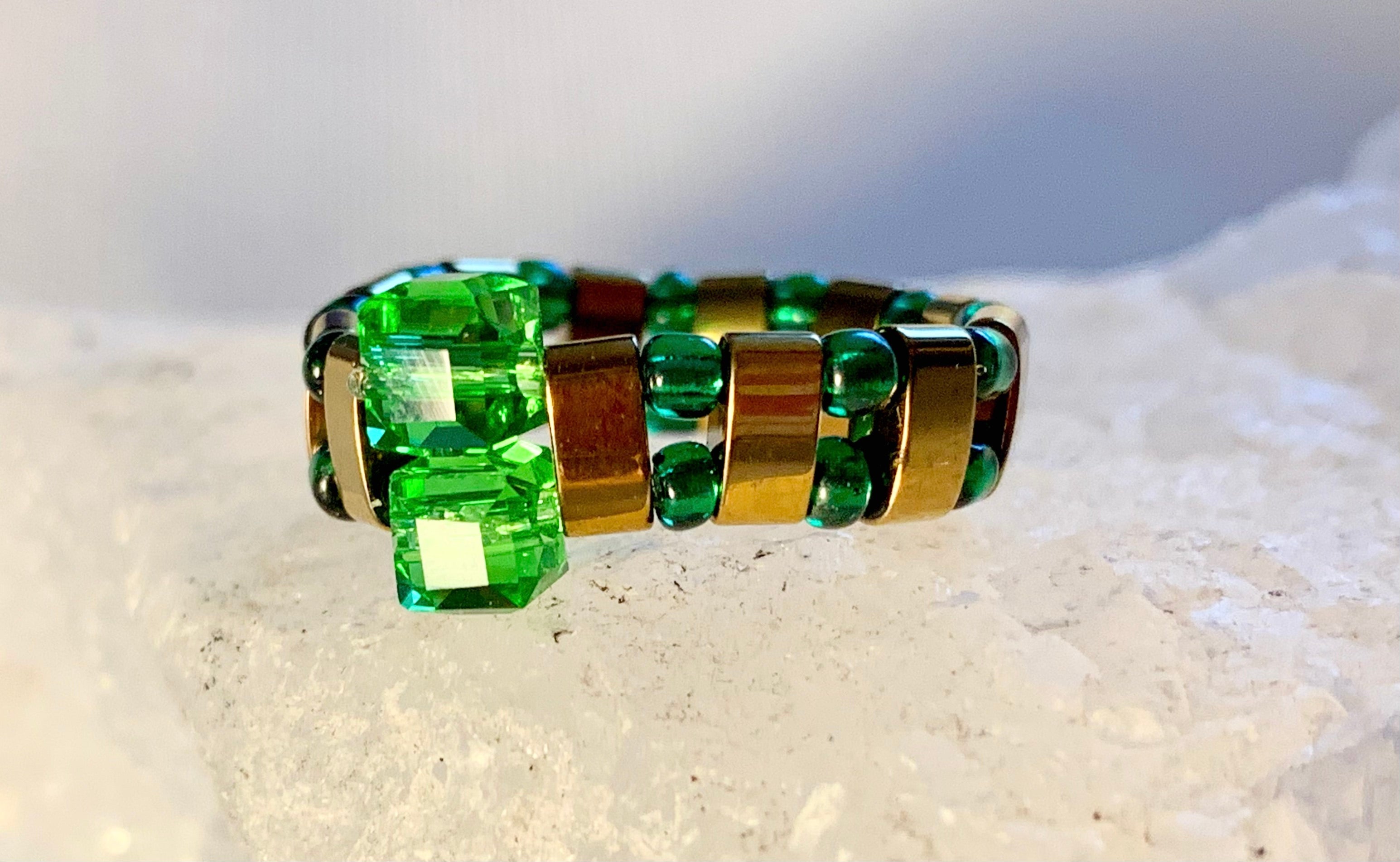 Kryppto Handmade Gold Plated Hematite, Austrian Crystal, and Seed Bead Expandable Ring