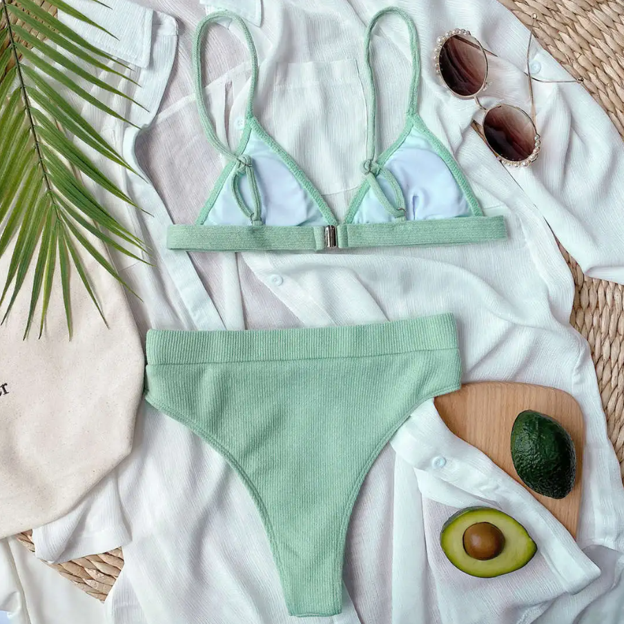 Lara Light Green Ribbed Triangle Bikini