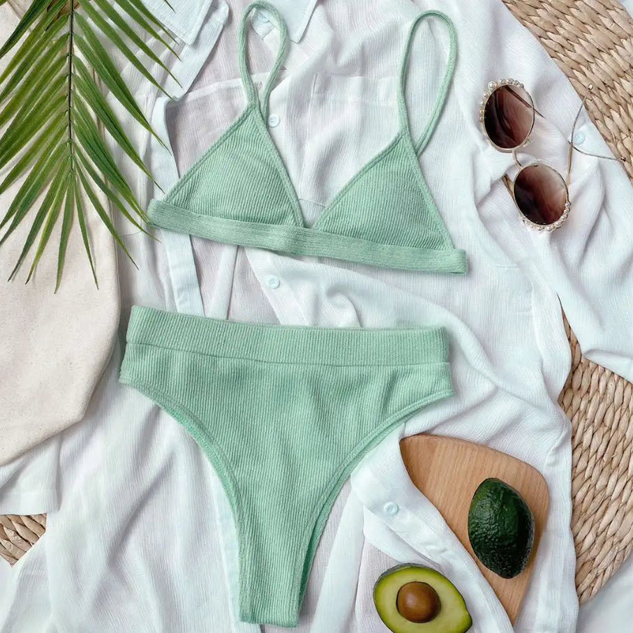 Lara Light Green Ribbed Triangle Bikini