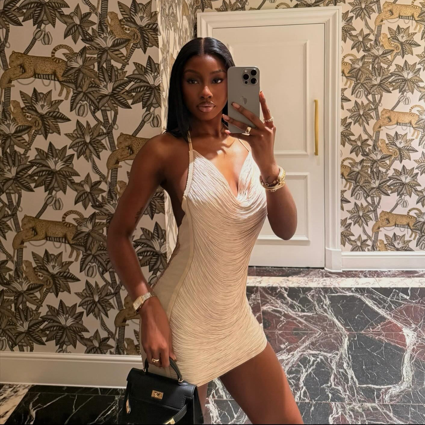 Lavinia Draped Halter Beige Mini Dress
