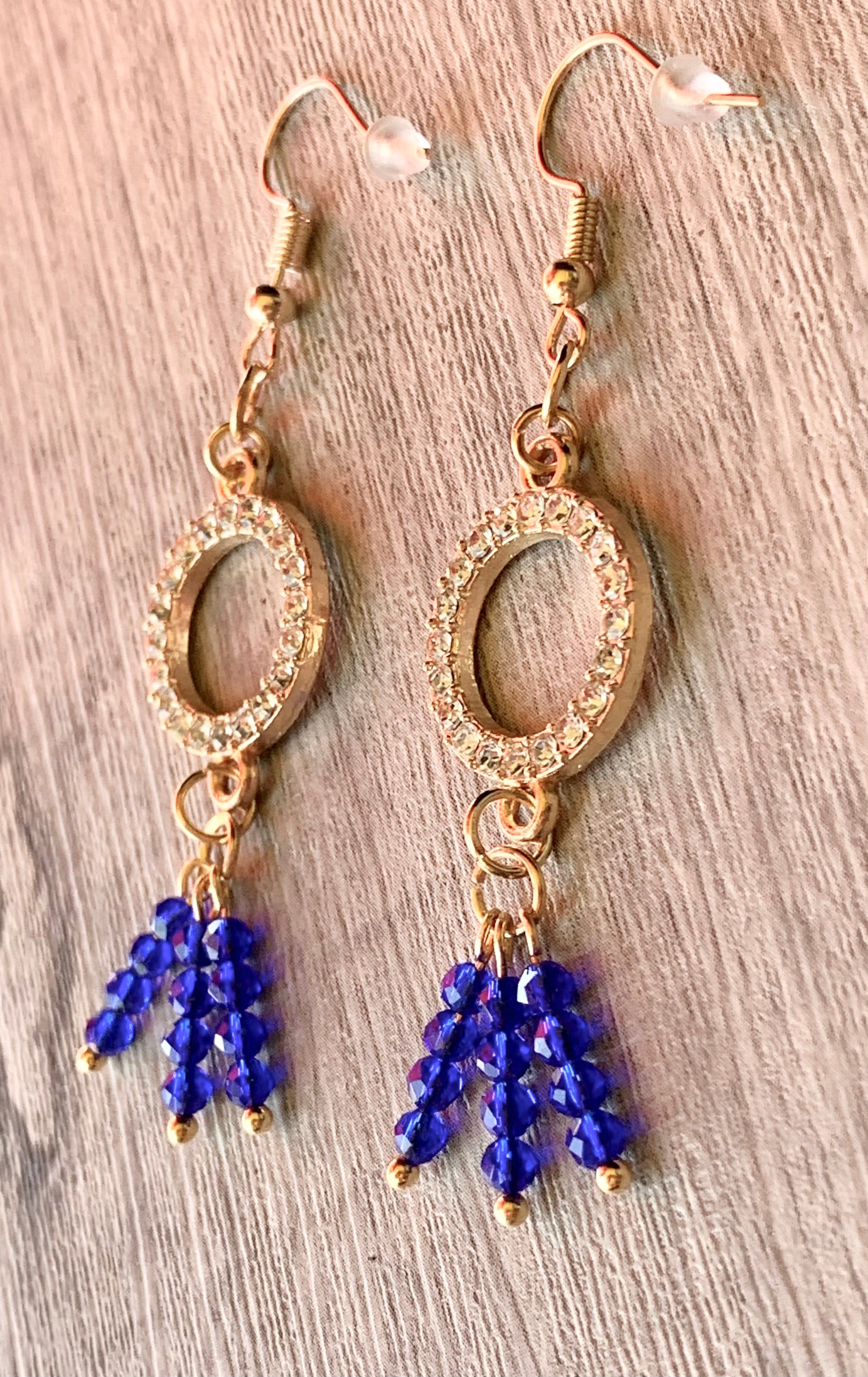 Luz Handmade Blue Sapphire Dangle Earrings with Rhinestone Circles
