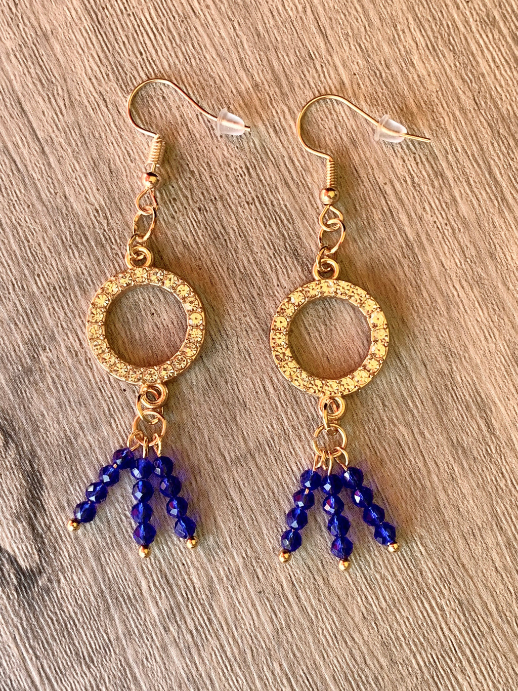 Luz Handmade Blue Sapphire Dangle Earrings with Rhinestone Circles