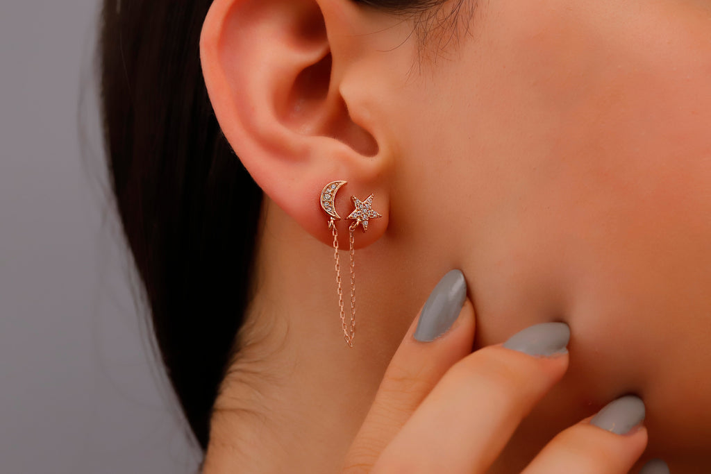 Aurora Jewelry Waterproof Gold Pave Star & Moon Earrings with Sparkling CZ Diamonds