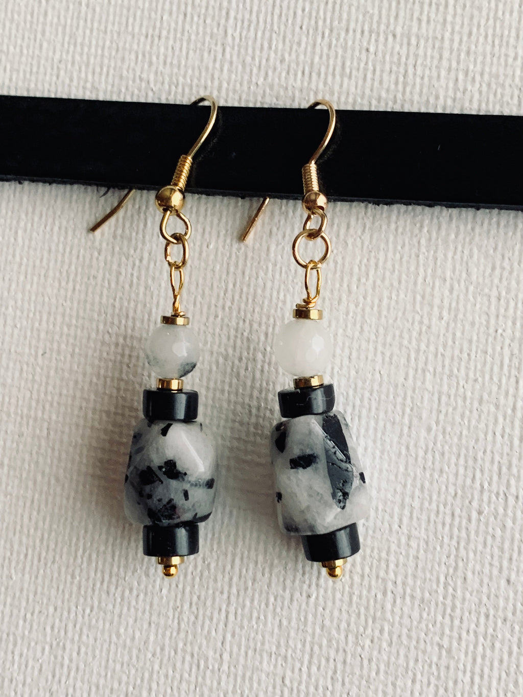 Marisa Handmade Tourmalinated Quartz, Rutilated Quartz, Black Onyx, and Gold Plated Hematite Earrings