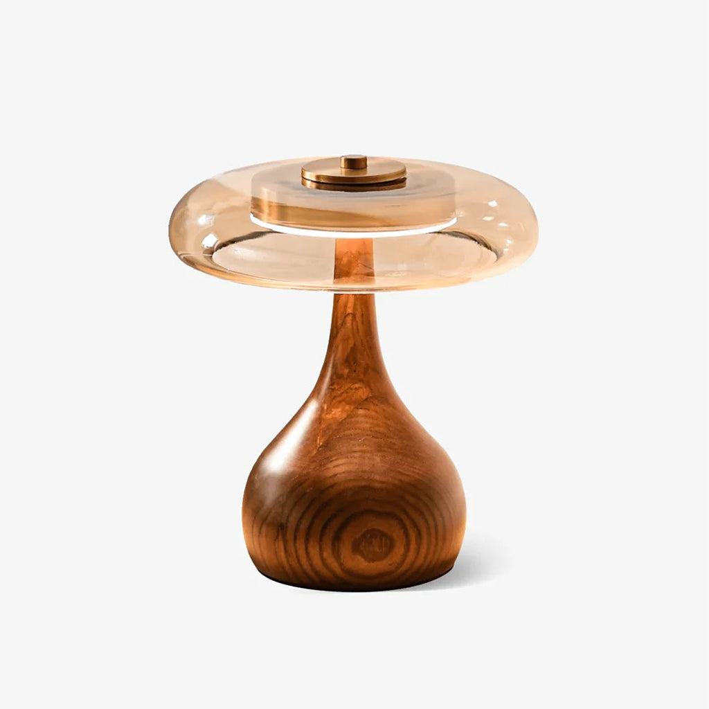 Mid Century Wood Glass Table Lamp LED Dimmable Walnut Disc Light