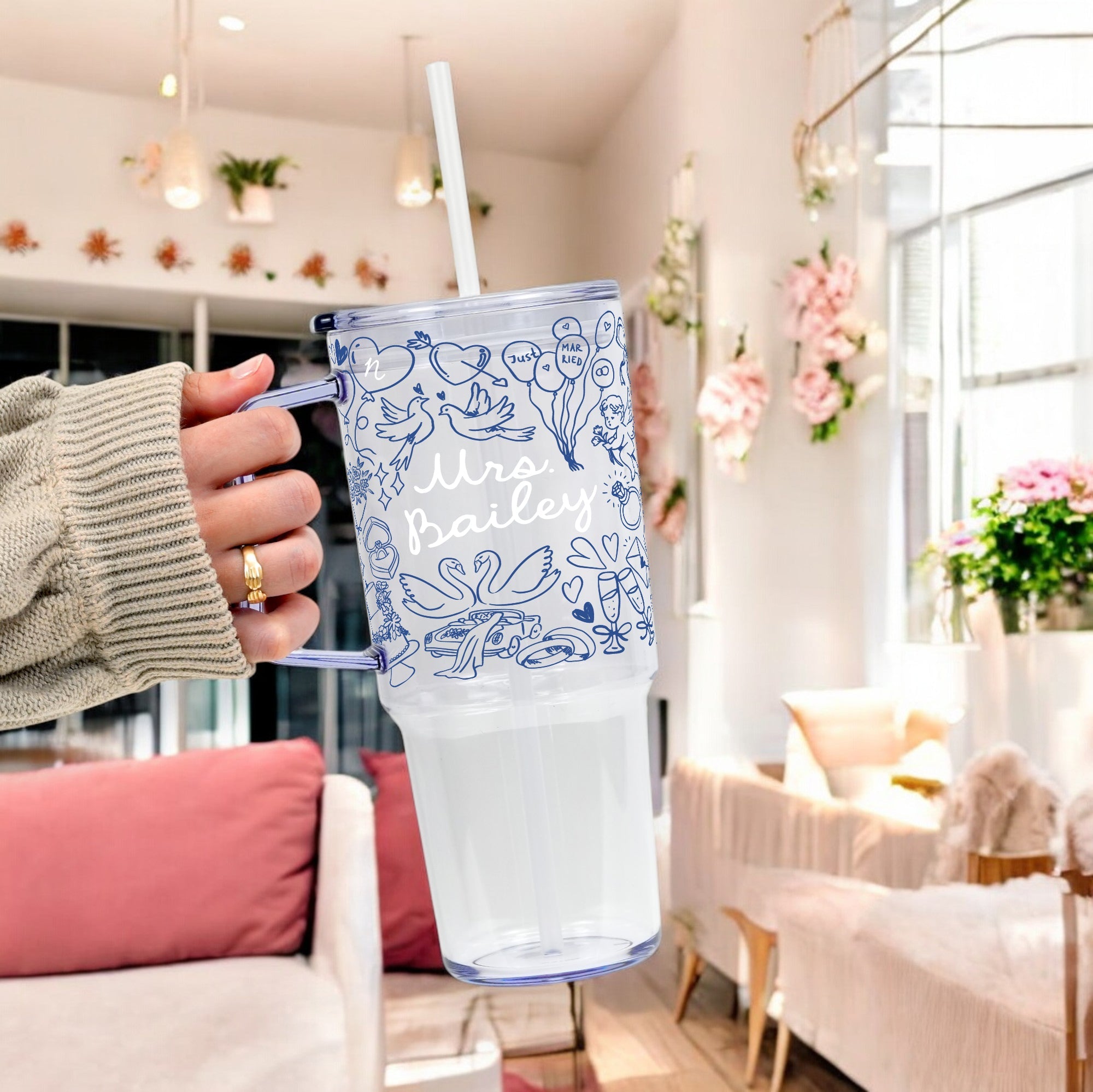Something Blue Bridal Personalized & Non Personalized Clear Glass Mug With Lid & Straw