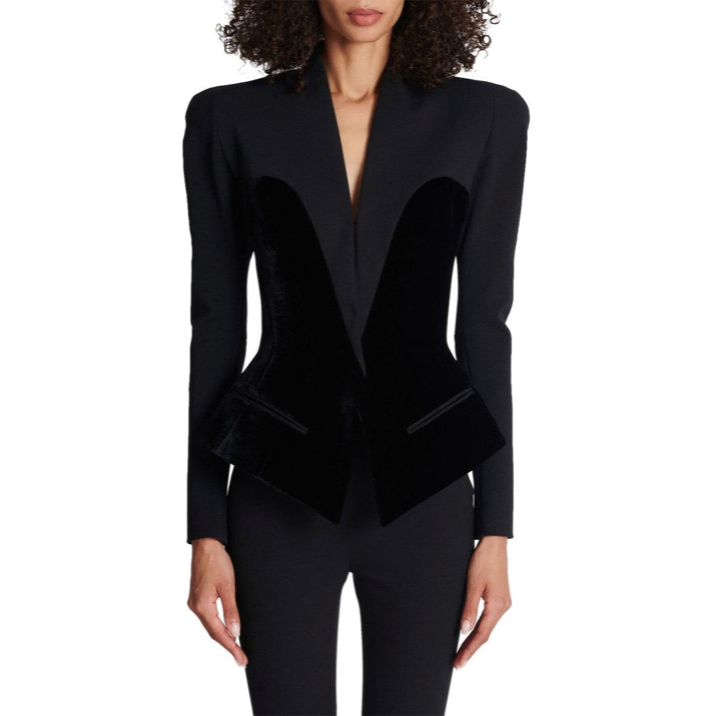 On Time Black Sculpted Velvet Tailored Jacket