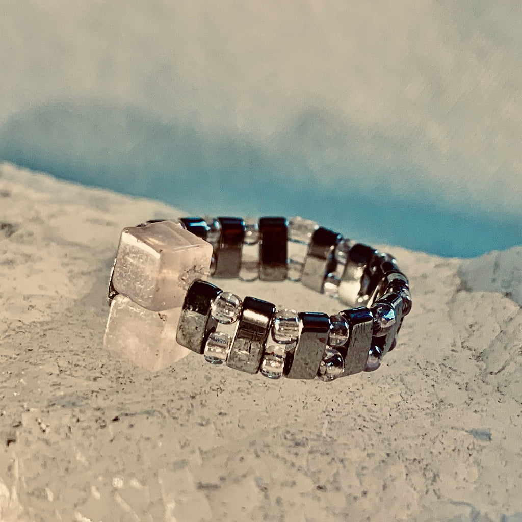 Paulina Handmade Rose Quartz and Hematite Expandable Ring