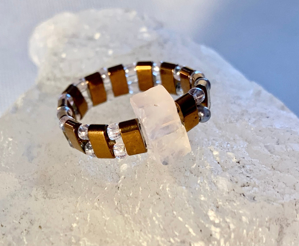 Paulina Handmade Rose Quartz and Hematite Expandable Ring