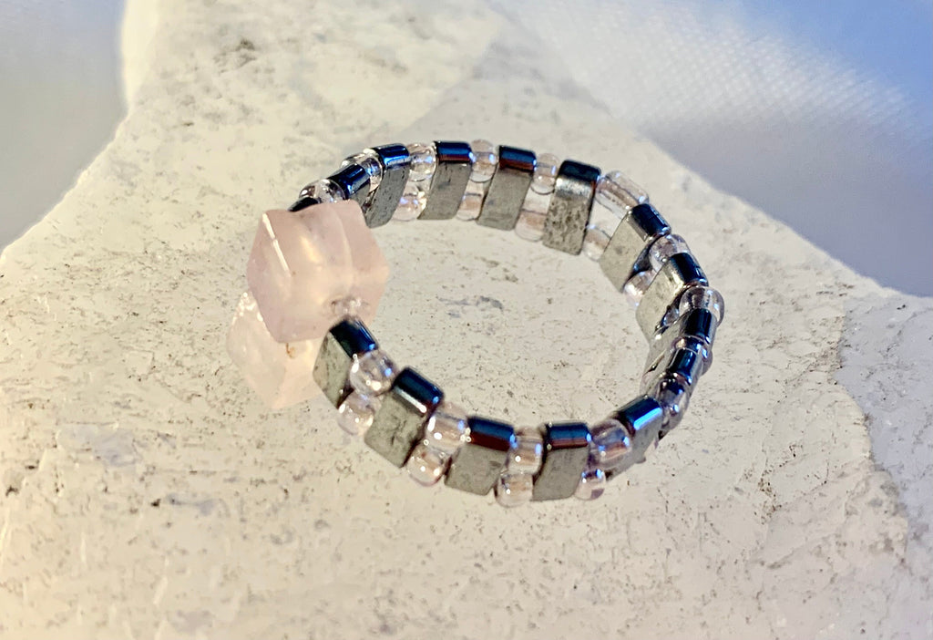 Paulina Handmade Rose Quartz and Hematite Expandable Ring