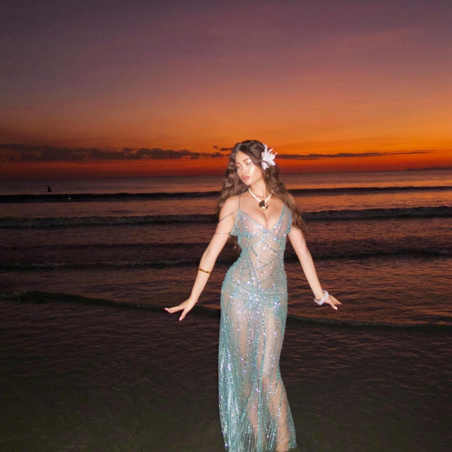 Rosalina Light Blue Sheer Sparkle Mesh Maxi Dress