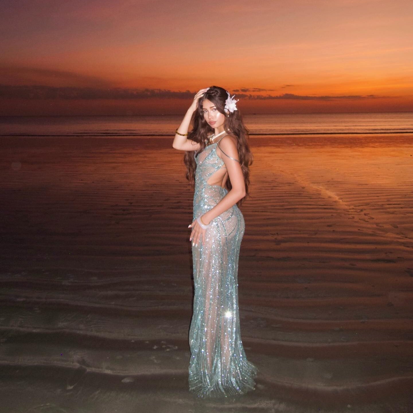 Rosalina Light Blue Sheer Sparkle Mesh Maxi Dress