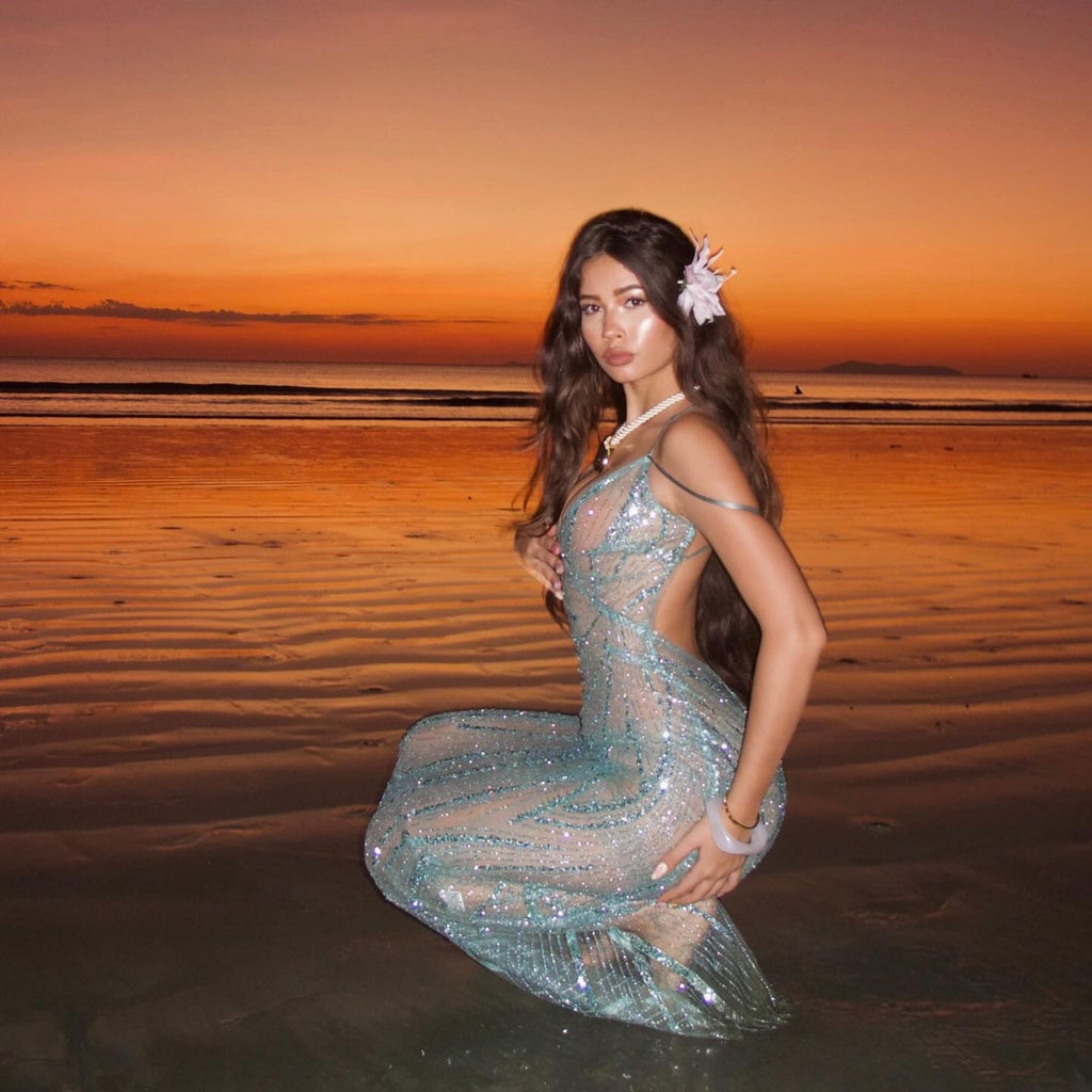 Rosalina Light Blue Sheer Sparkle Mesh Maxi Dress
