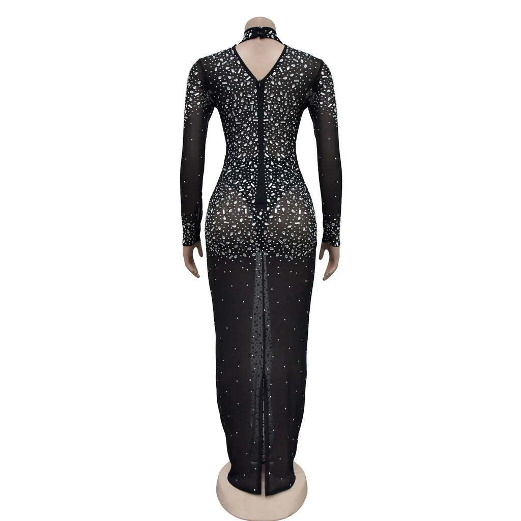 Glam See-Through Mesh Crystal Night Out Dress Birthday Outfits Vestido Women's Silver Rhinestones Long Maxi Dress