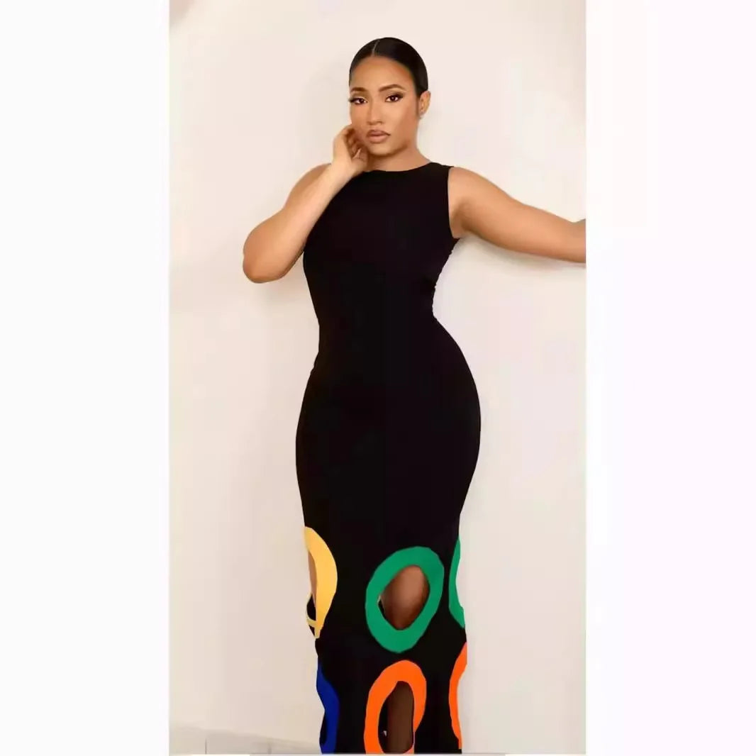 Summer O Neck Sleeveless Patchwork High Waist A Line Party Dresses For Women Black Colorful Hollow Out Maxi Dress
