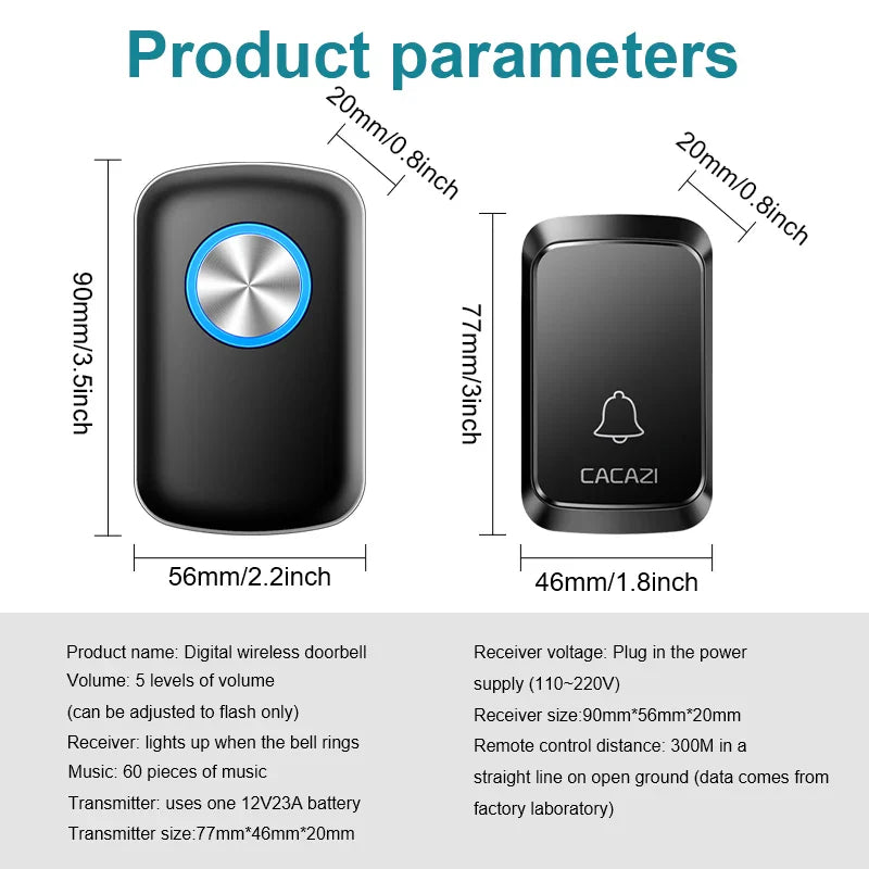 Wireless Smart Doorbell 300M Range Plug In 60 Melodies LED Light Volume Control