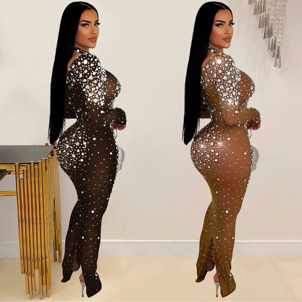 Glam See-Through Mesh Crystal Night Out Dress Birthday Outfits Vestido Women's Silver Rhinestones Long Maxi Dress