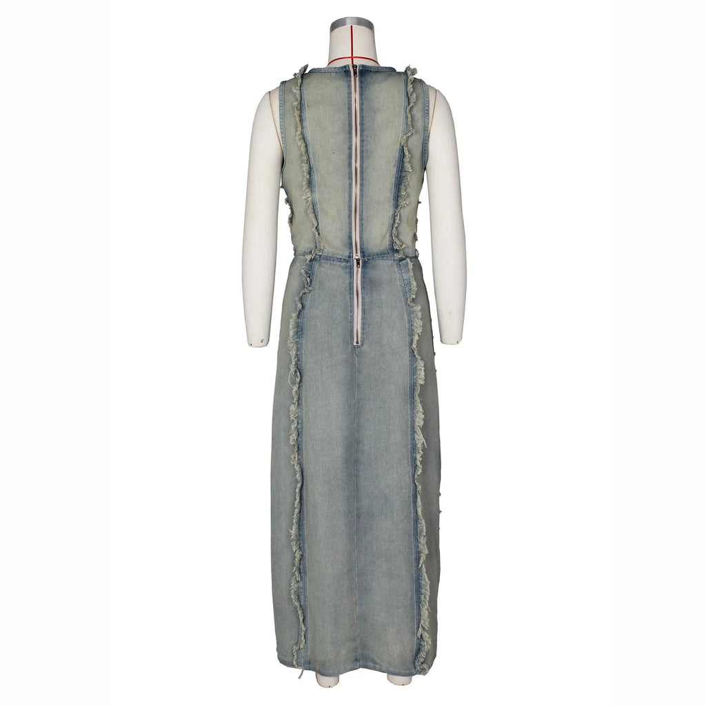 Women Sleeveless Crop Tank Tops and Split Side Maxi Skirt Streetwear Outfits Elegant Ripped Hole Denim Two 2 Piece Dress