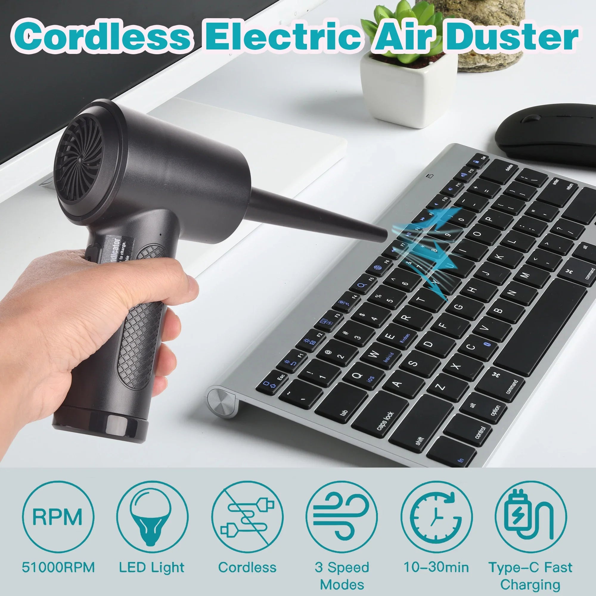 51000RPM Air Duster for Computer Cleaning Cordless Compressed Air Blower with LED