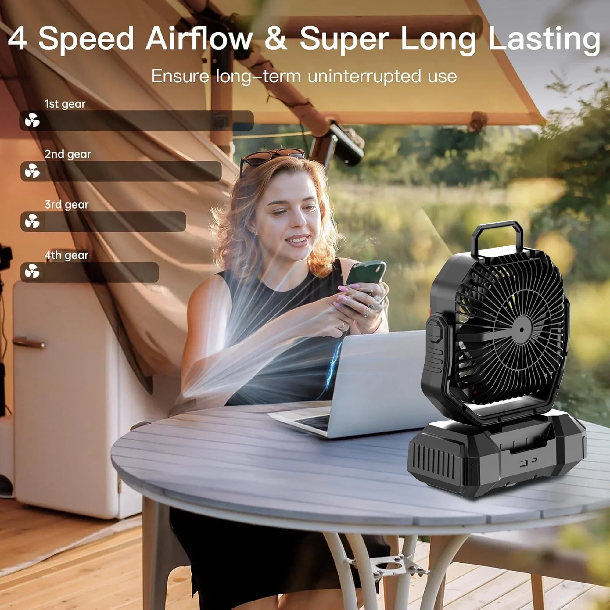 Outdoor Companion | Rechargeable Camping Fan with LED Light & Power Bank | Portable Battery Fan for Ultimate Outdoor Comfort