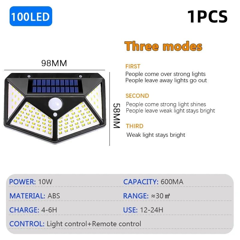 100 LED Solar Motion Sensor Light | Waterproof Outdoor Wall Lamp for Yard Security