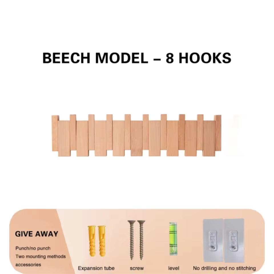 Wooden Piano Coat Rack Wall Mounted Solid Wood Hooks 4 6 8 Hook Organizer