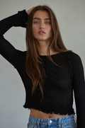 Knit Rayon Nylon Rib Cropped Long Sleeve Lettuce Edge Top