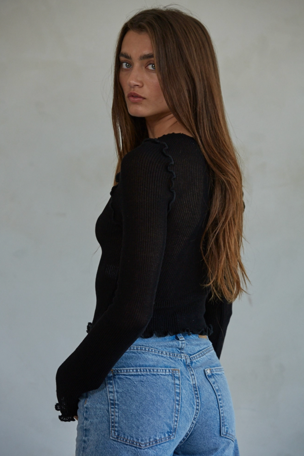 Knit Rayon Nylon Rib Cropped Long Sleeve Lettuce Edge Top