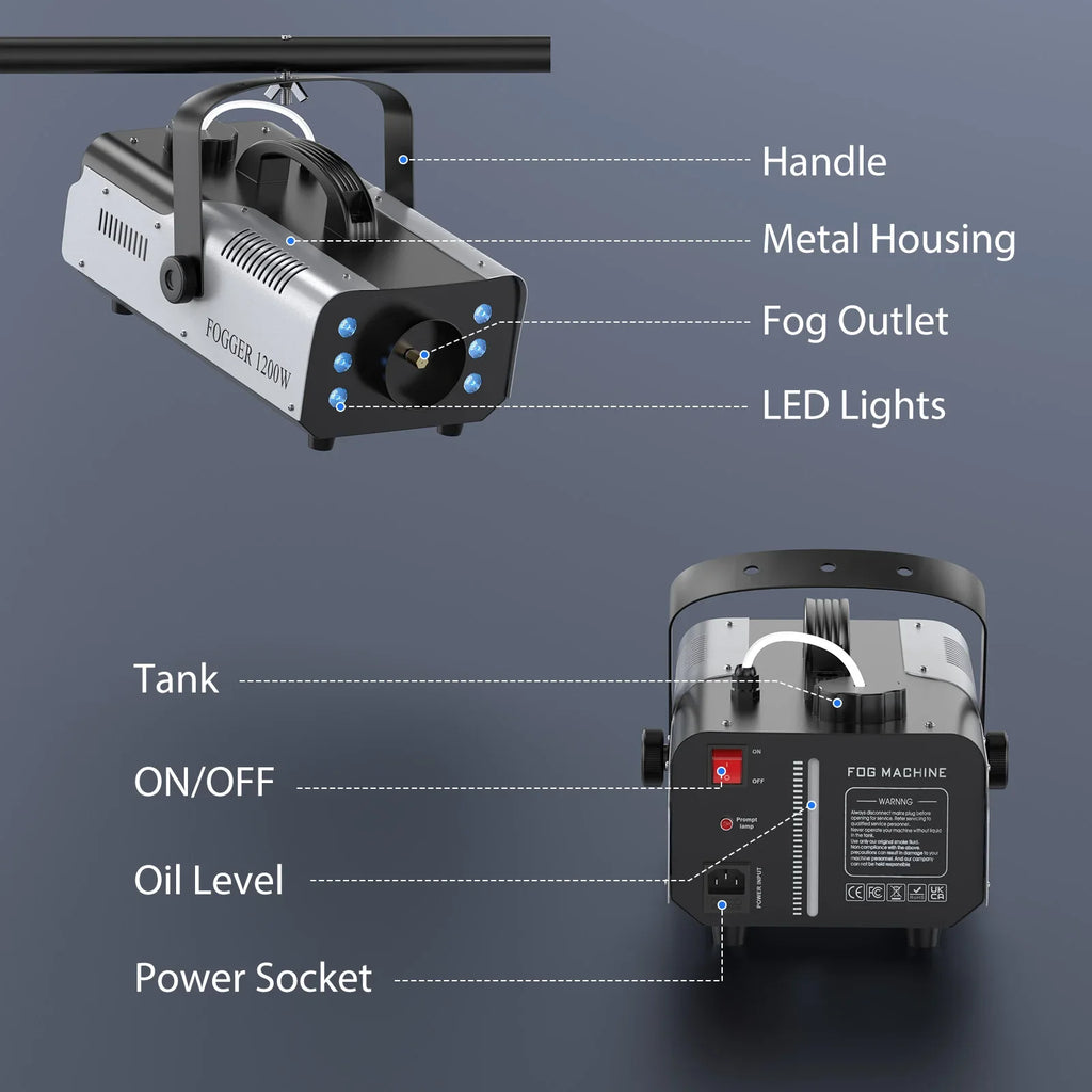 1200W Smoke Fog Machine with RGB 6LEDs Remote Stage Haze Generator for Parties
